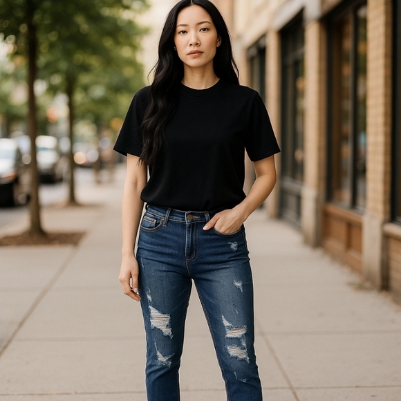 Nature Denim Distressed Skinny Jeans – Mid-Rise Dark Wash w/ Ripped Details | 25 - Picture 1 of 12